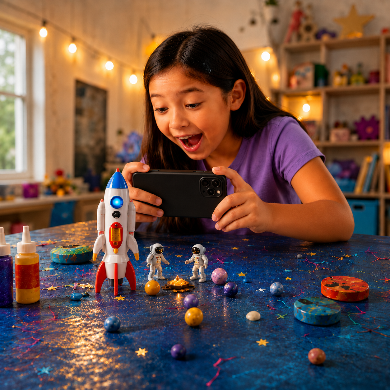 A child filming a space toy scene with the ToyMotion app